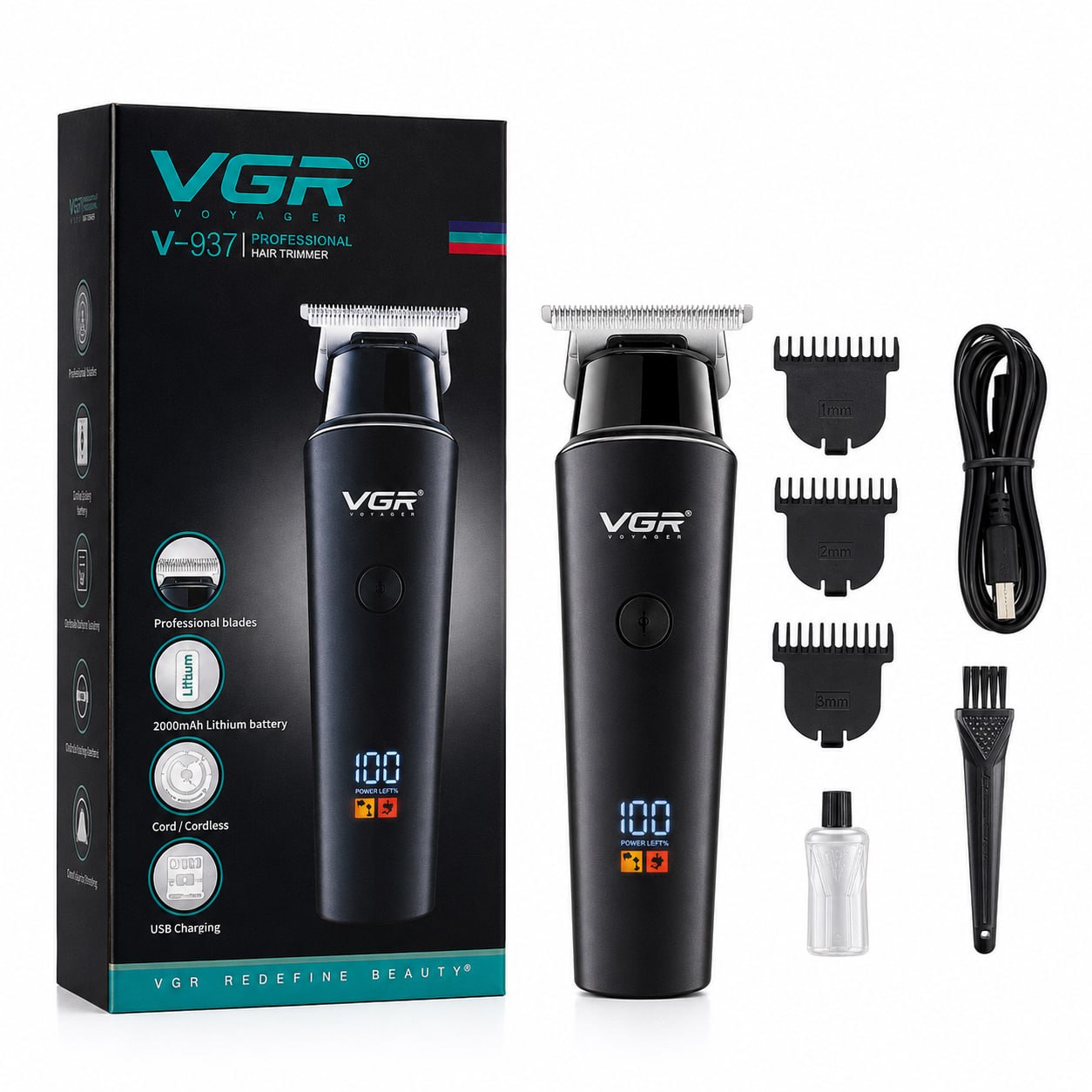 VGR V-937 প্রফেশনাল কর্ডলেস হেয়ার ও বিয়ার্ড ট্রিমার – ৫০০ মিনিট রানটাইম ও স্মার্ট LCD ডিসপ্লে (Black)